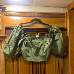 Jason Wu Cropped Top With Puffed Sleeve In Olive Green Size Large